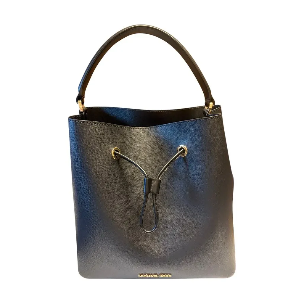 Michael Kors Black Saffiano Leather Drawstring Bucket Crossbody Shoulder Bag